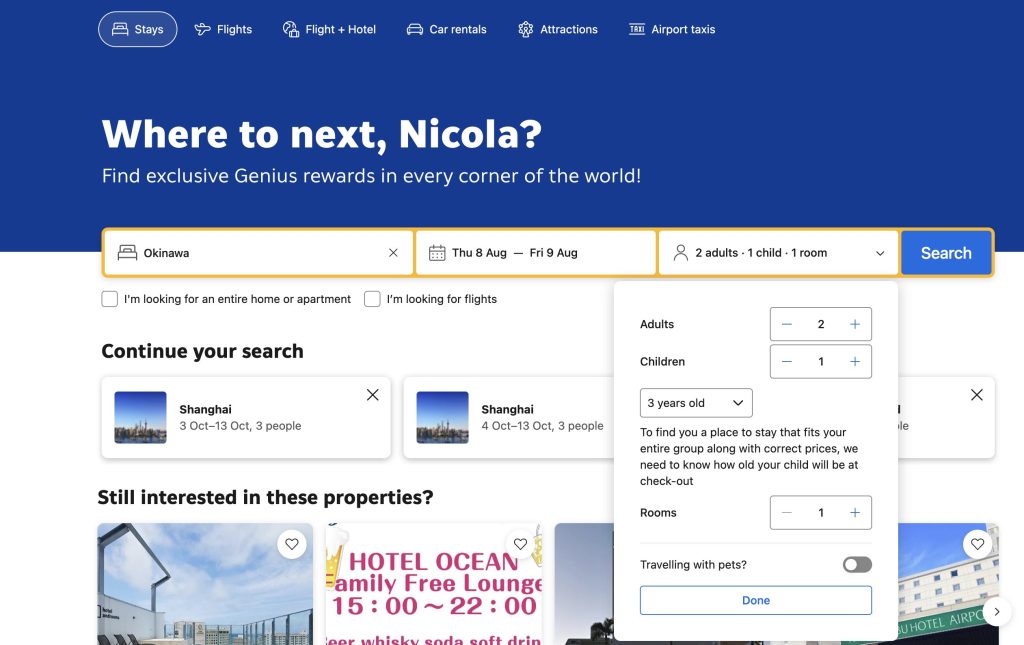 Snapshot of Booking.com showing the family filter process
